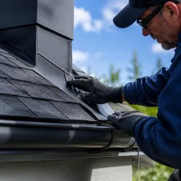 Contractor inspecting roof flashing and gutters