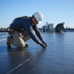 Commercial flat roof crew checking membrane seams