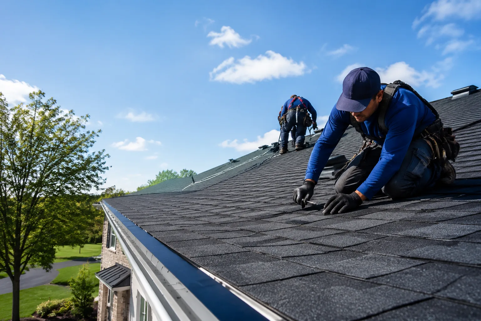 Professional roofing crew working safely on a residential roof in daylight