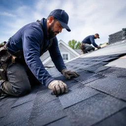 Roofing crew installing asphalt shingles on a home