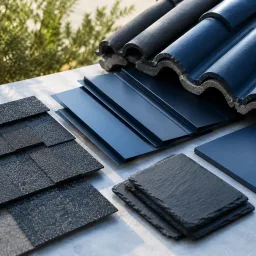 Roofing material samples including shingles metal tile and slate
